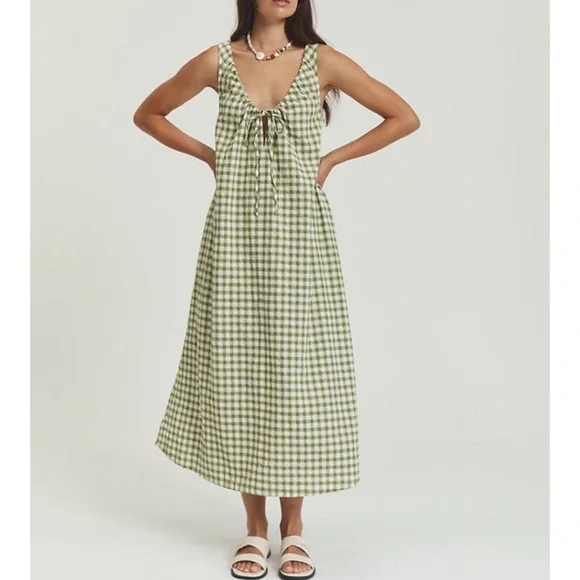 Opia Byron Bay Bridget Dress XS/S NWT Green Gingham Sleeveless Maxi Dress - Picture 6 of 12
